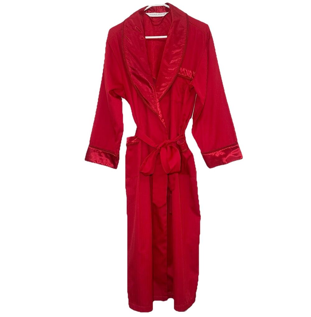 Vintage Victoria's Secret Red Herringbone Chevron Satin Robe / Smoking Jacket